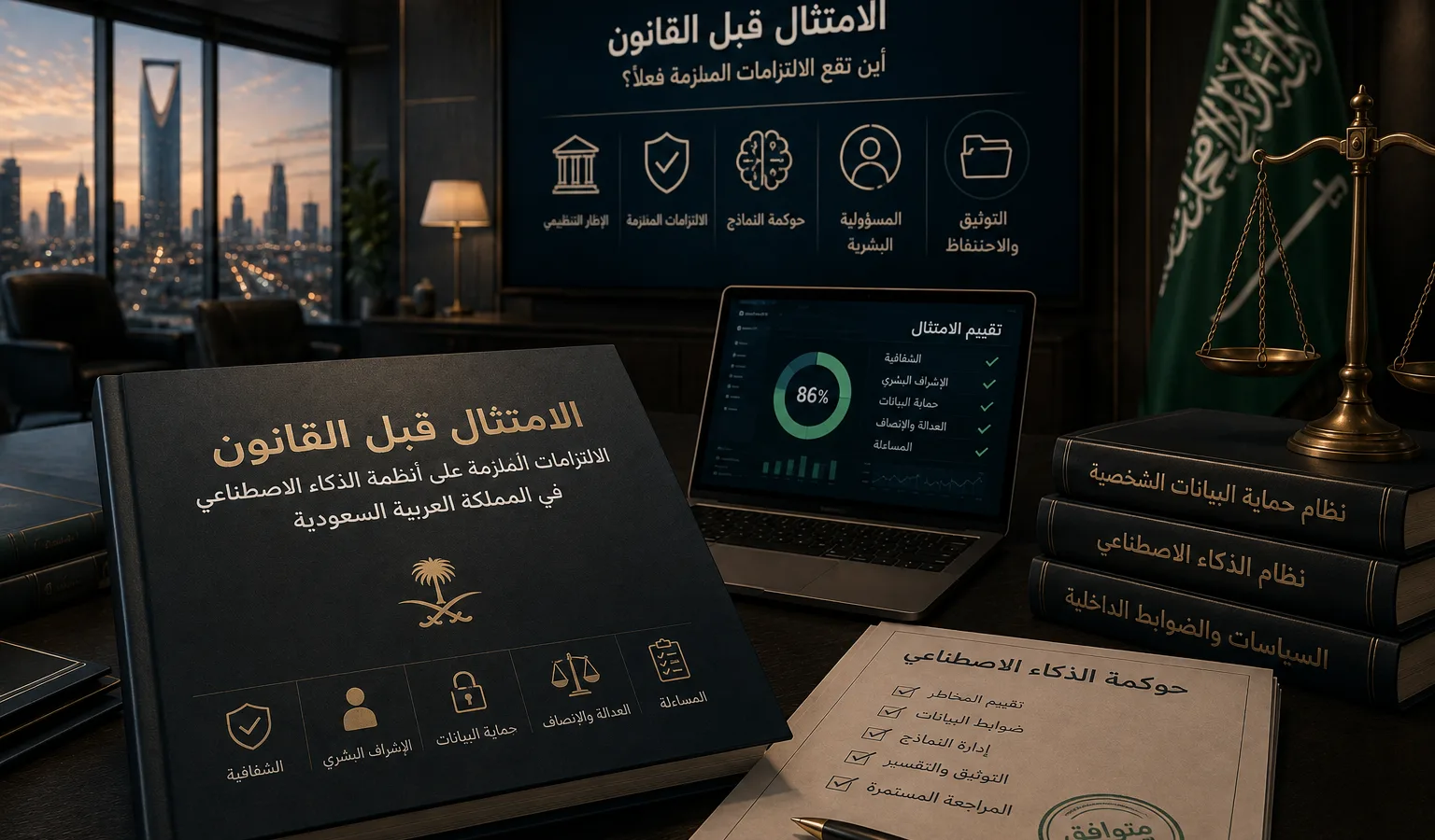 مجلدات تنظيمية على رف في مكتب تنفيذي بالرياض — التمييز بين المُلزِم والإرشادي في حوكمة الذكاء الاصطناعي