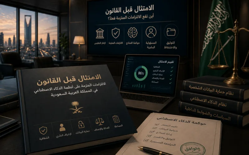 مجلدات تنظيمية على رف في مكتب تنفيذي بالرياض — التمييز بين المُلزِم والإرشادي في حوكمة الذكاء الاصطناعي