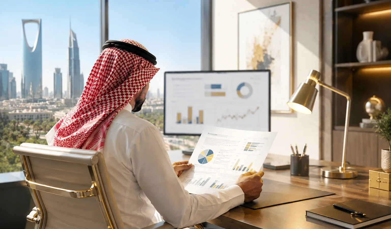 تنفيذي سعودي يراجع تقرير أداء تسويقي في مكتب بالرياض — قياس جودة الموافقة لا حجم القائمة