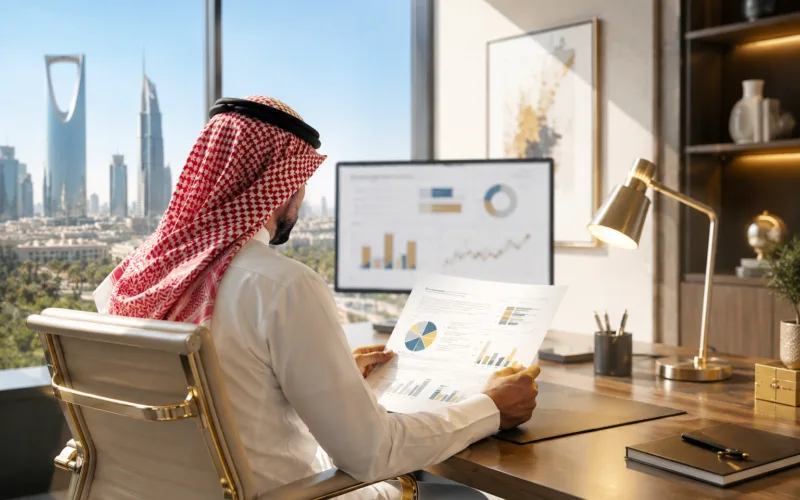 تنفيذي سعودي يراجع تقرير أداء تسويقي في مكتب بالرياض — قياس جودة الموافقة لا حجم القائمة