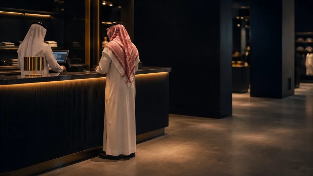 عميل ينتظر عند منضدة الدفع بينما يعالج الموظف الفاتورة — الرفض حدث تشغيلي فوري