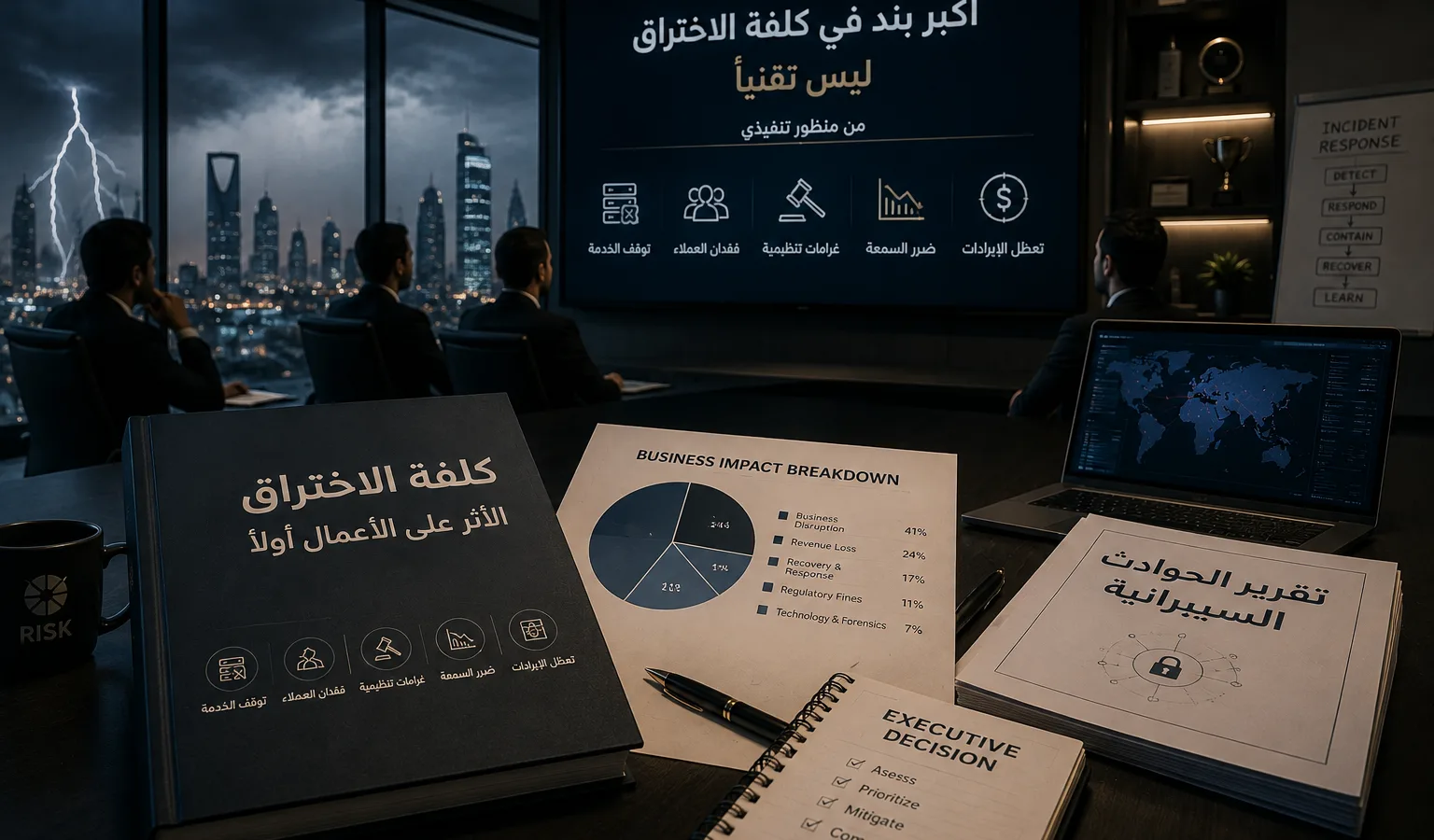 غرفة عمليات أمنية بشاشات غير واضحة في الرياض — الأمن السيبراني كقرار تنفيذي وحماية للأعمال