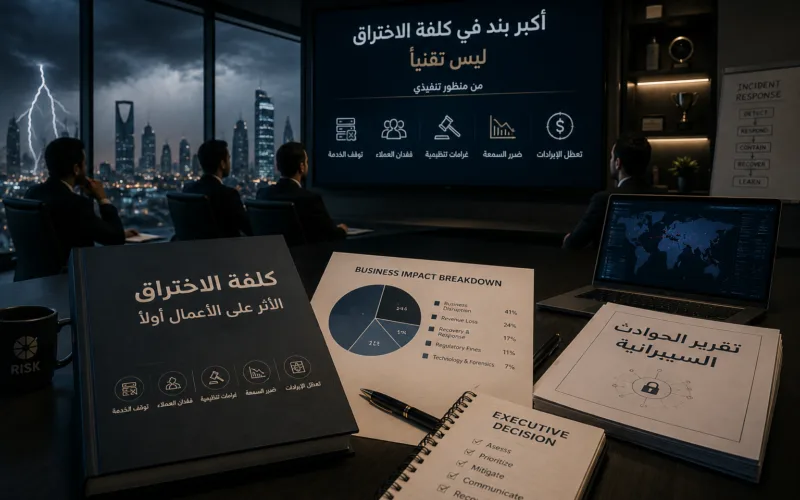 غرفة عمليات أمنية بشاشات غير واضحة في الرياض — الأمن السيبراني كقرار تنفيذي وحماية للأعمال