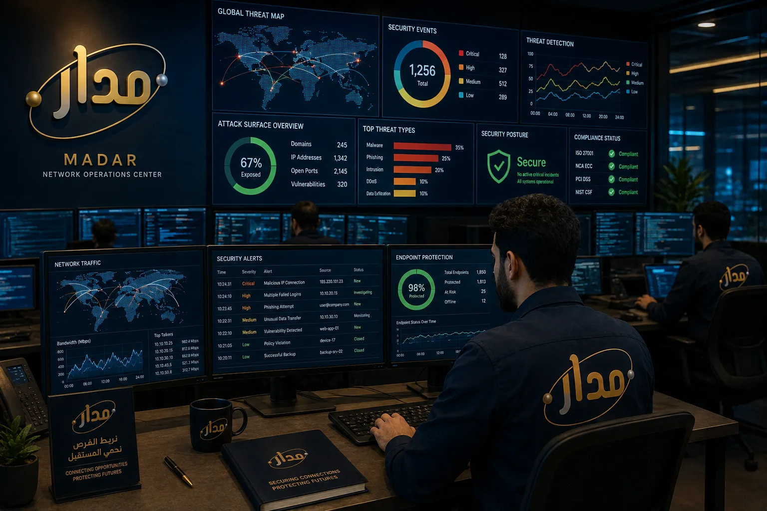 مركز عمليات الشبكة حيث يراقب محللو الأمن السيبراني لوحات معلومات كبيرة تعرض خريطة التهديدات العالمية ومؤشرات الاستجابة