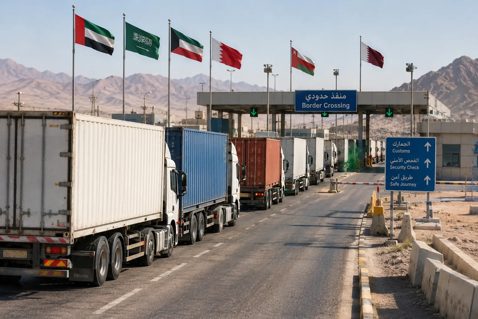 صفّ من شاحنات الحاويات في انتظار التخليص عند منفذ حدودي مع لوحات إرشادية للجمارك وأعلام دول الخليج