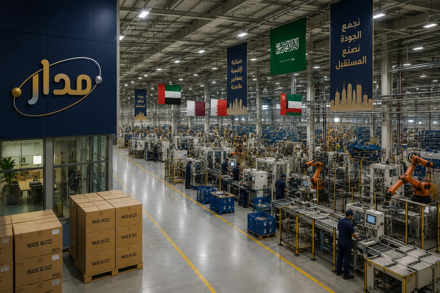 صالة إنتاج صناعية حديثة تضم أذرعاً آلية وخطوط تجميع مع أعلام دول الخليج ومنصات بضائع جاهزة للشحن
