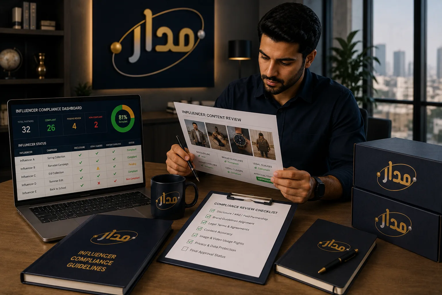 مراجعة التزام صانعي المحتوى: شخص يفحص لقطات إعلانية مطبوعة بجانب لوحة قياس الالتزام وقائمة تحقق ودليل إرشادات