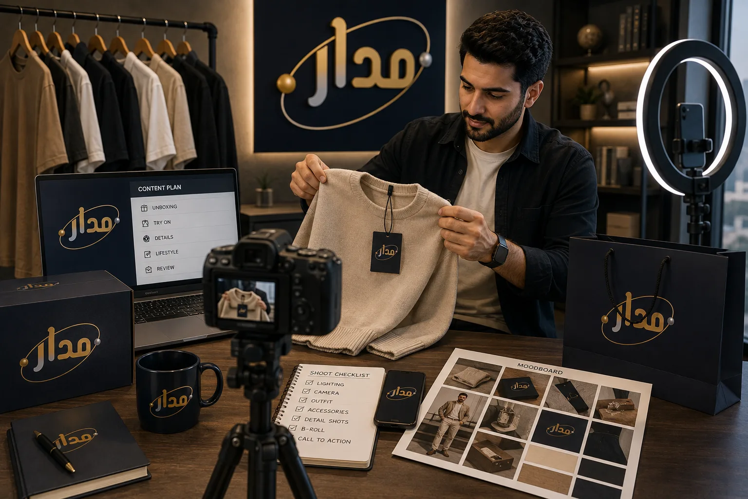 صانع محتوى يعرض قطعة ملابس أمام كاميرا مثبتة على حامل مع إضاءة حلقية داخل استوديو تصوير لمنتجات التجارة الإلكترونية