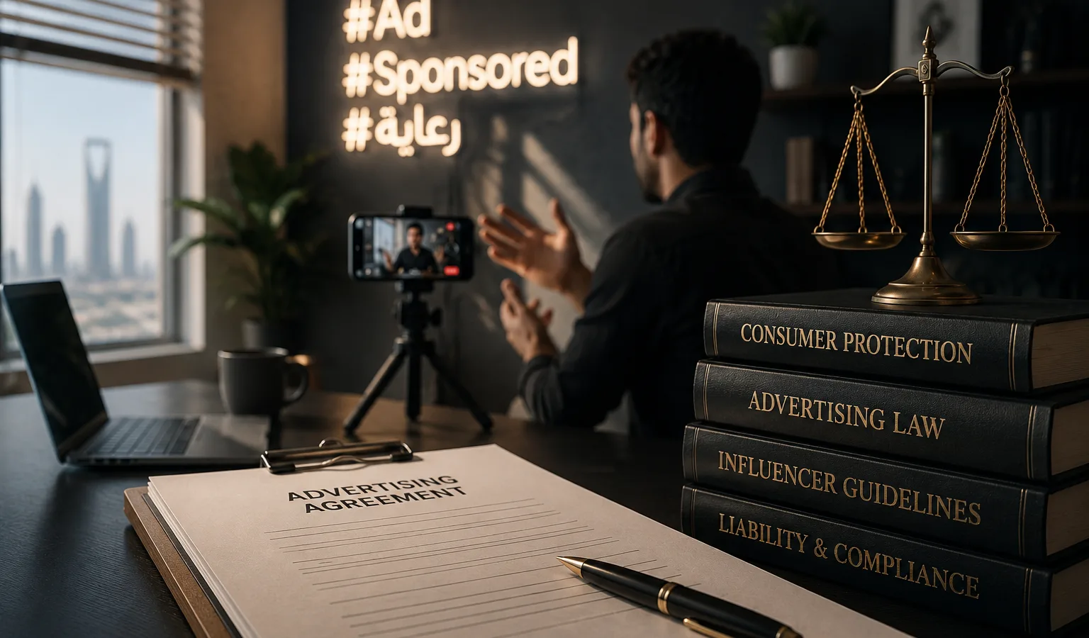 صناديق منتجات معدّة للإرسال على طاولة تسويق — الإهداء والتأثير داخل نطاق المسؤولية القانونية للمعلِن