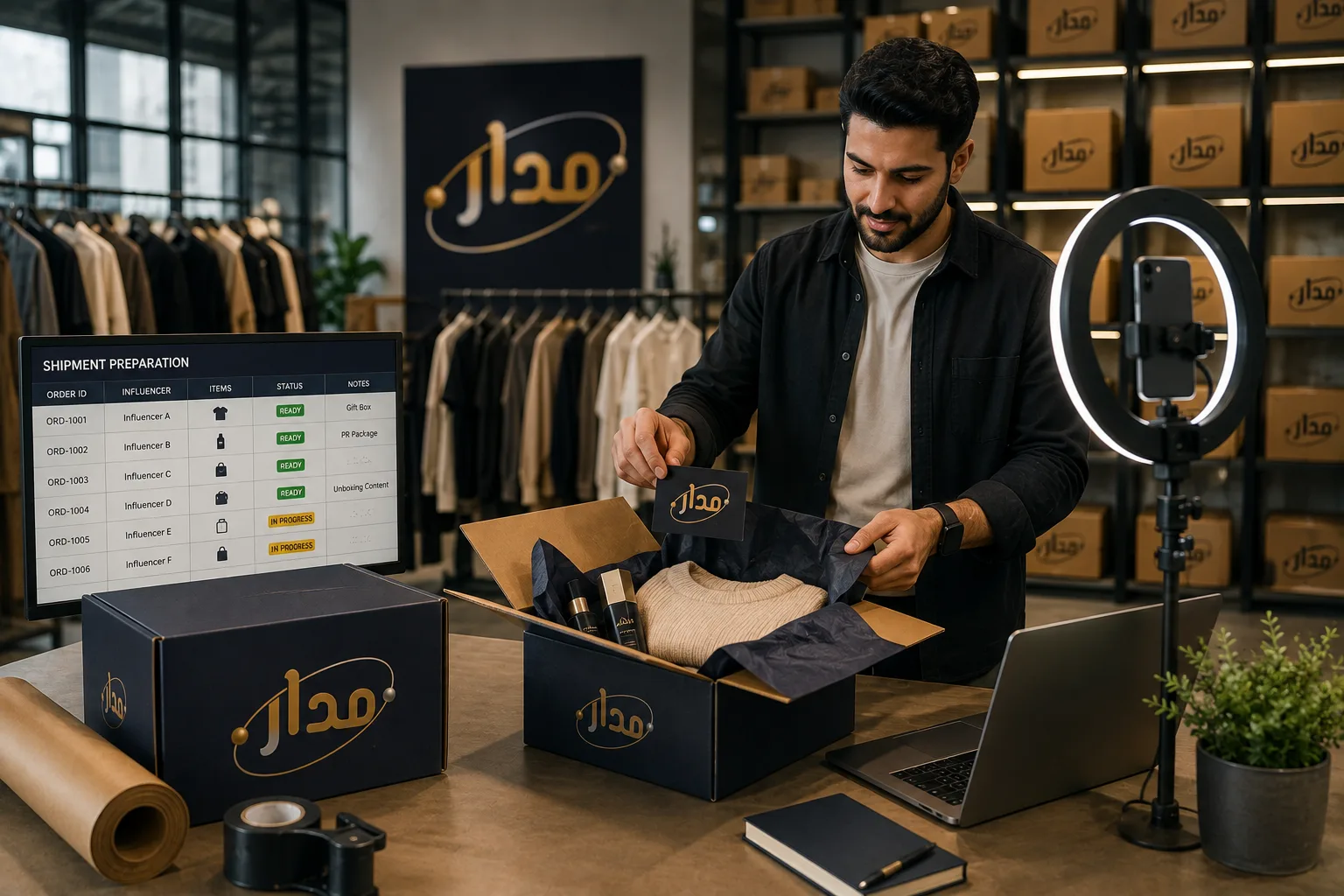 تجهيز شحنة تعاون تسويقي: تعبئة قطعة ملابس في صندوق موسوم داخل استوديو مع شاشة تعرض حالة الشحنات