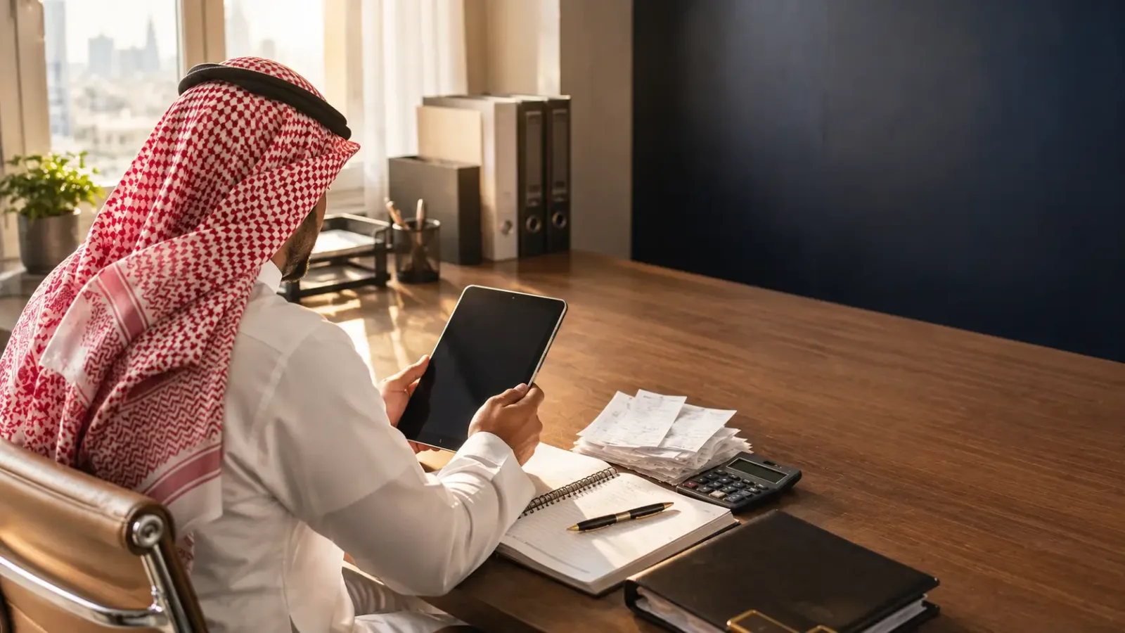 صاحب منشأة صغيرة يراجع سجلات مالية على جهاز لوحي في مكتبه — السجلّ المالي القابل للتحقق كأداة تمويل