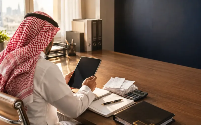 صاحب منشأة صغيرة يراجع سجلات مالية على جهاز لوحي في مكتبه — السجلّ المالي القابل للتحقق كأداة تمويل