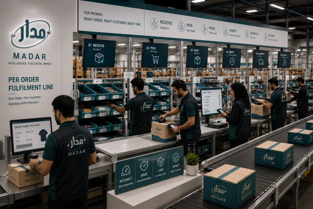 خط تجهيز الطلبات داخل مستودع تجارة إلكترونية
