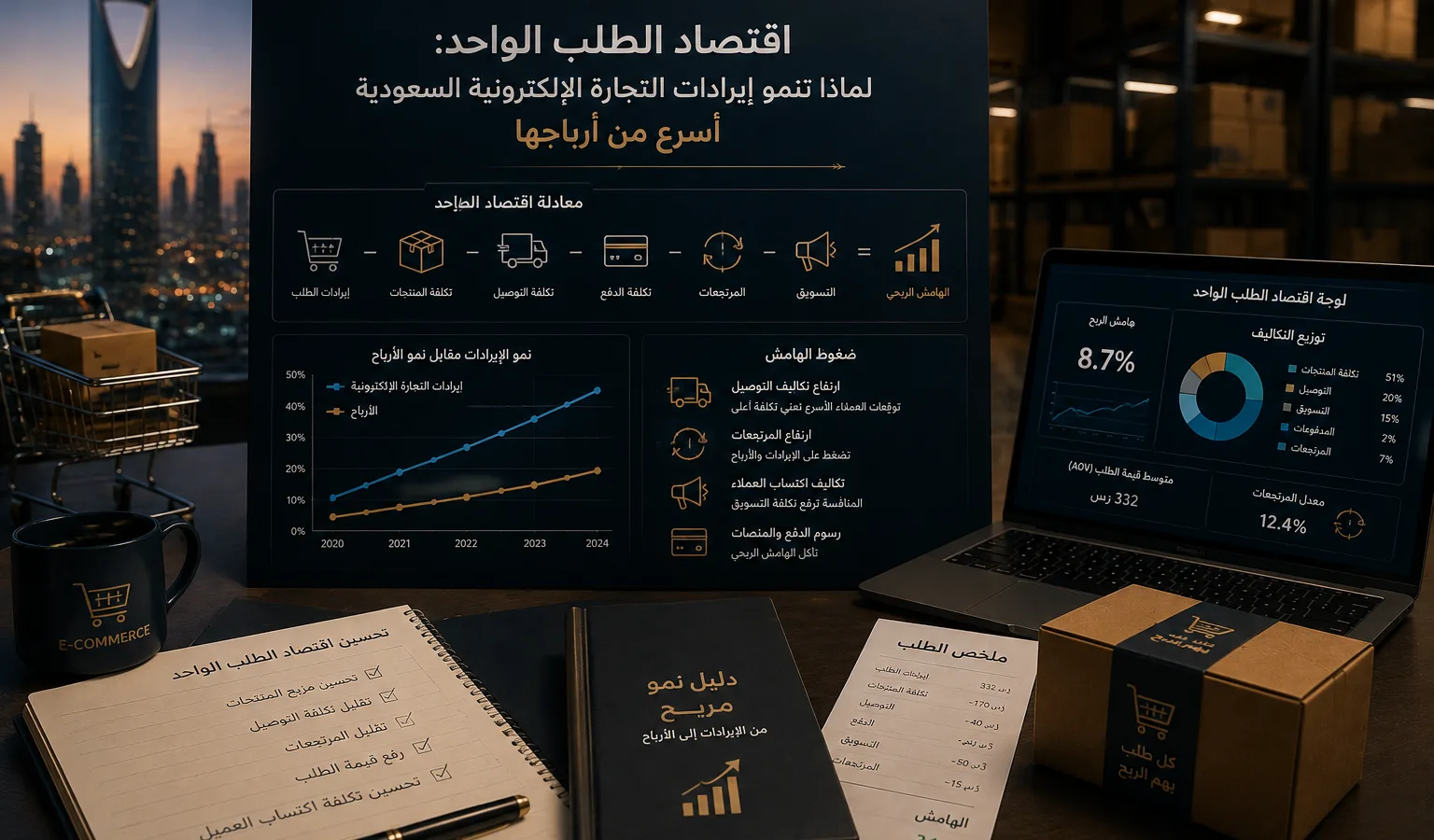 طرود مصطفّة على خط تجهيز في مستودع سعودي — احتساب اقتصاديات الوحدة وتكلفة الطلب الواحد