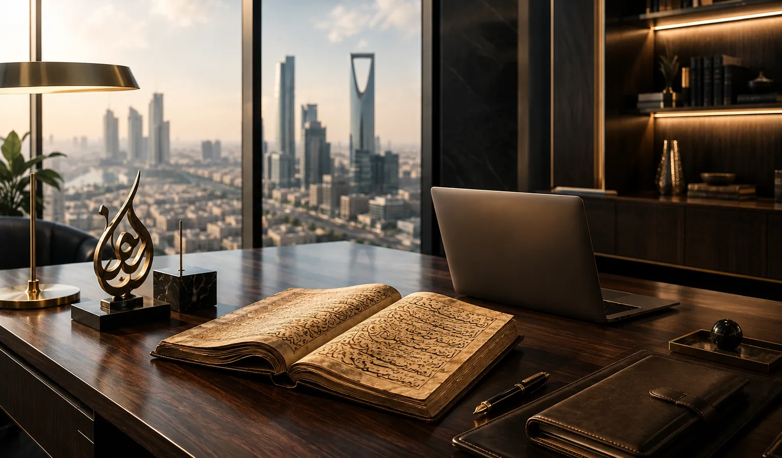 مخطوطة عربية وحاسوب محمول على مكتب تنفيذي — النموذج اللغوي العربي السيادي وقرار الشراء