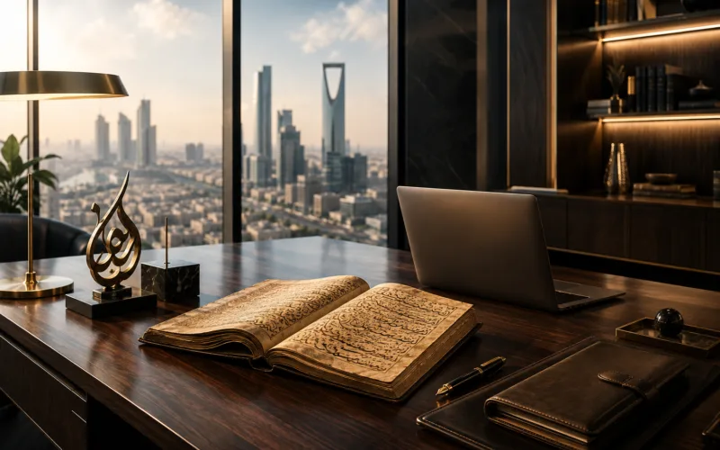 مخطوطة عربية وحاسوب محمول على مكتب تنفيذي — النموذج اللغوي العربي السيادي وقرار الشراء